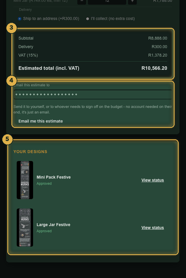 Estimate totals, email them, and see your saved designs. Numbered gold highlights mark the parts described.