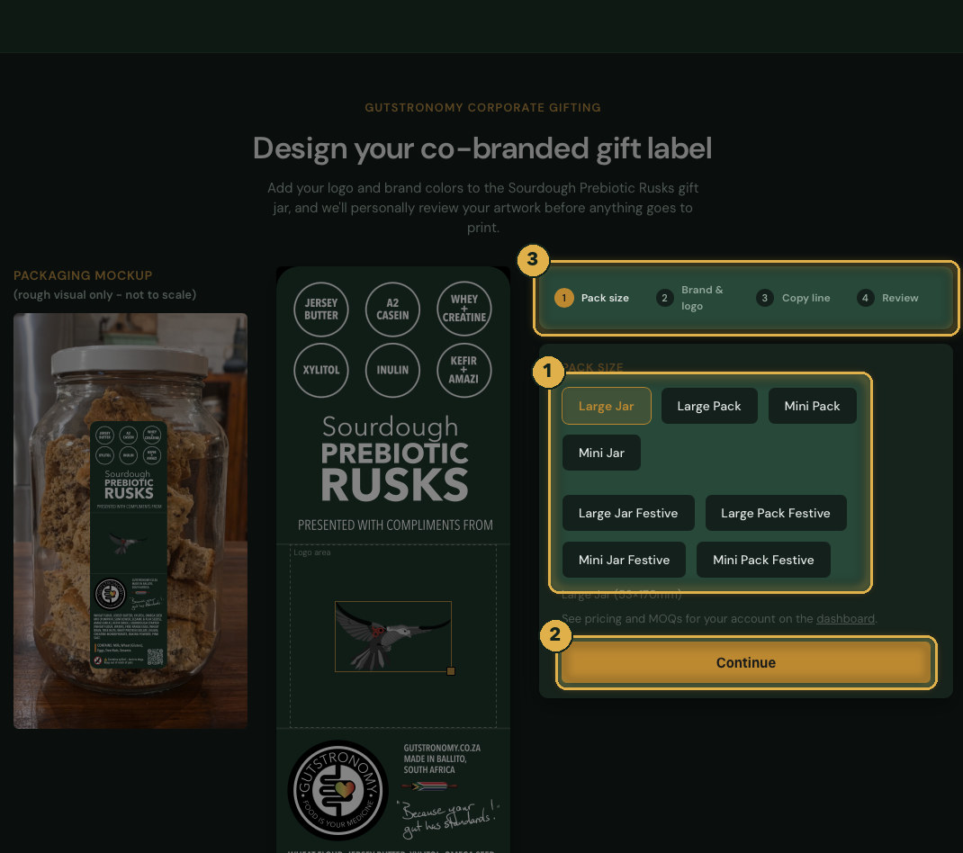 Pick a pack size, then Continue. Numbered gold highlights mark the parts described.